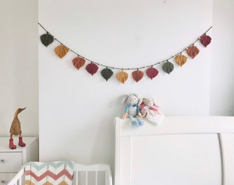 Autumn Macrame Feathers Garland | Fall Leaves Wall Hanging Tapestry | Autumnal Boho Bunting | Natural Nursery Decor | 21 Custom Colours