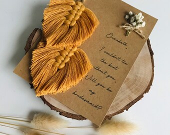 Custom Bridesmaid Proposal Card | Macrame Feather Earrings | Boho Hypoallergenic Earrings | Bridesmaid Favours | Maid of Honour Box Gift