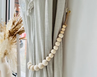 Beaded Curtain Tie Back | Wooden Beads Drapery Holdback | Boho Minimalist Home Décor | Rustic Window Treatment | Farmhouse Style
