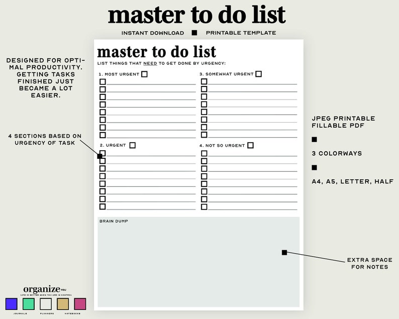 Printable/digital to Do List Master to Do List Template to - Etsy