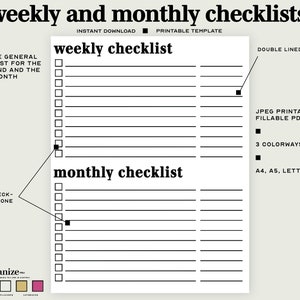 Printable/Digital Monthly and Weekly Checklists | Monthly and Weekly To-Do Lists | To-Do Lists for ADHD | Fillable PDF — A5, A4, Letter,Half