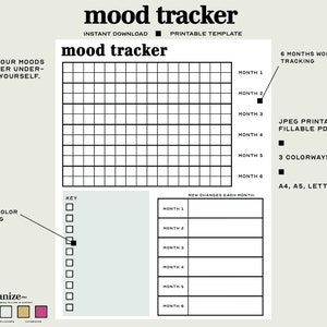 Printable/Digital Mood Tracker | Minimalist Mood Tracker Log | Mood Tracking Planner for ADHD | Fillable PDF — A5 | A4 | Letter | Half