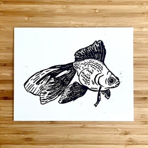 Handmade Linocut Print: &quot;Goldfish&quot;, Black Ink Wall Art