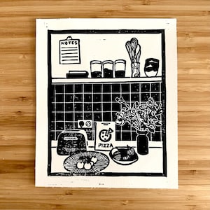 Original Linocut Print &quot;I Bought Flowers for the Kitchen&quot; / Linocut / Linoprint / Handmade Print / Wall hanging / Wall Art