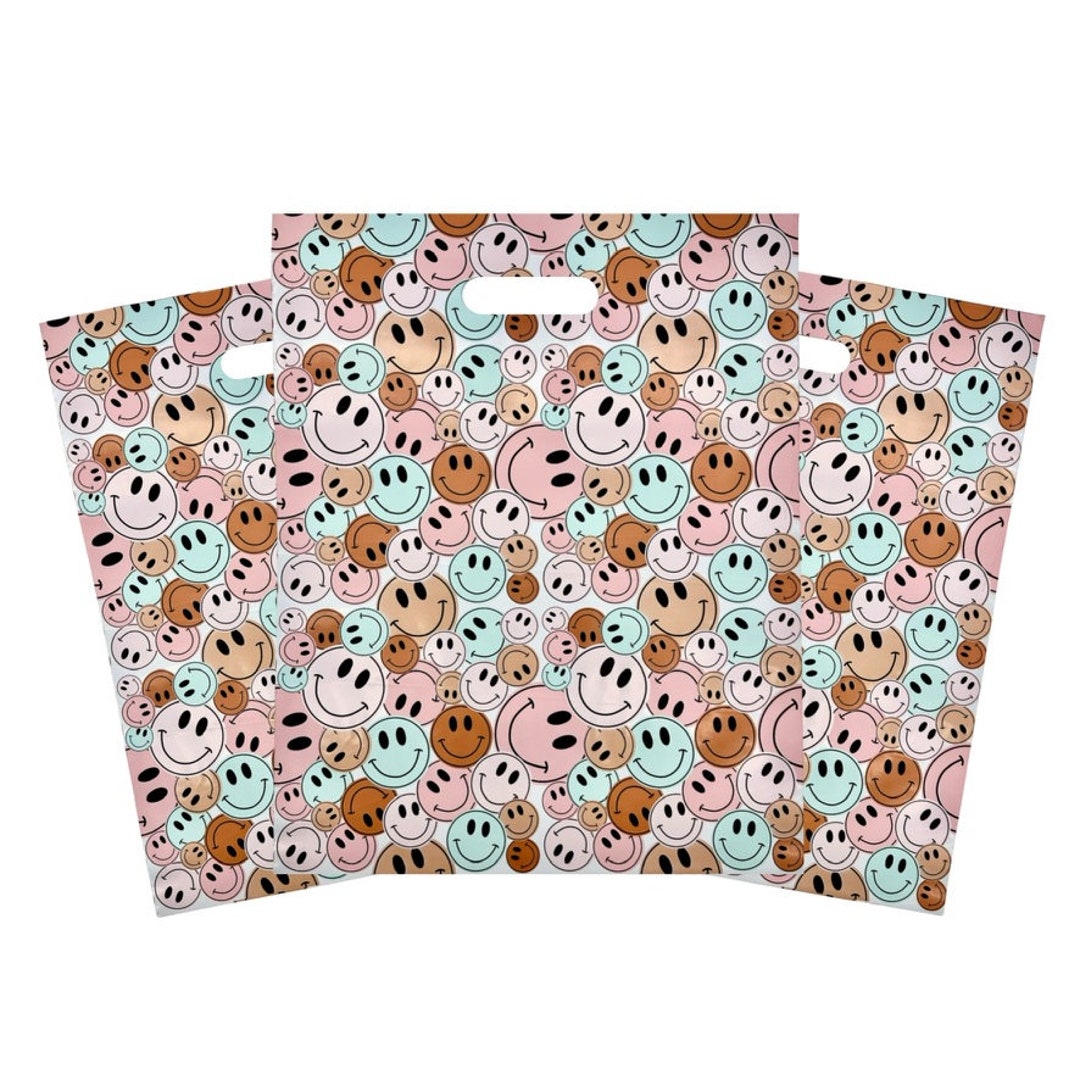 12x15 Merchandise Shopping Bags, Premium 2.5 Mil, Muted Boho Smiley