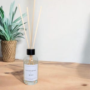 May include: A clear glass essential oil diffuser bottle with a black cap and wooden reeds. The label reads "eucalyptus + mint". The diffuser sits on a wooden surface, with a potted plant in the background.