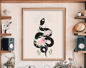 Floral Snake Watercolor Print: Boho Celestial Wall Art (Digital Download)