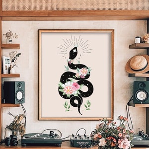 Watercolors Flowers Black Snake Wall Art, Boho Snake Wall Decor, Living Room Decor Aesthetic, Stars Celestial Prints