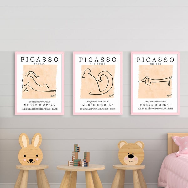 Picasso Tier Wandkunst, Picasso Tier Kunst Poster, Picasso Katze, Hund, Maus Druck Tier Kinderzimmer Wandkunst, Kinderzimmer, Wohnzimmer Wanddrucke