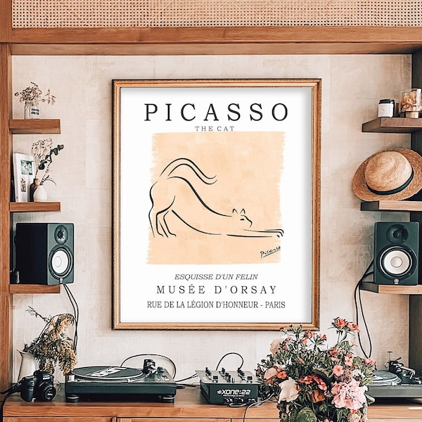 Affiche d’art au trait Pablo Picasso, affiche d’exposition de chat, cadeau animal, art animalier, impression d’art rose Picasso, fond de toile, dessin d’une ligne