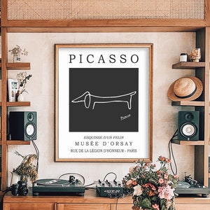Stampa d'arte del cane di Pablo Picasso, Poster stampabile cane bassotto linea arte, manifesto della mostra dell'annata, disegno al tratto astratto minimalista, vivaio