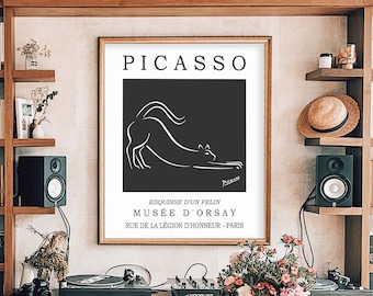 Picasso Cat Line Art Print: Black Exhibition Poster (Digital Download)