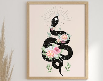 Floral Snake Art Print: Watercolor Boho Celestial Wall Decor