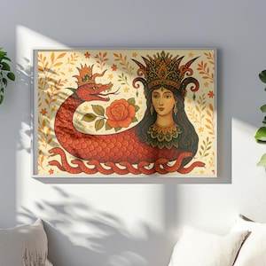 Colorful Shahmaran Art Prin,  Mystical Anatolian Folk Art Illustration for Spiritual Decor