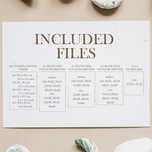 May include: A chart listing different paper sizes and their corresponding file sizes in inches and centimeters. The chart is titled "Included Files" and is printed on a beige paper background.
