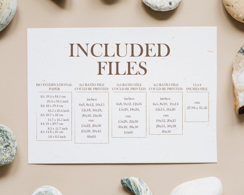 May include: A chart listing different paper sizes and their corresponding file sizes in inches and centimeters. The chart is titled "Included Files" and is printed on a beige paper background.