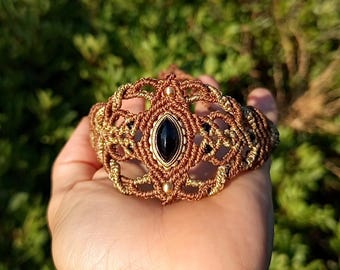 Black Tourmaline Macrame Bracelet – Boho Chic Crystal Cuff, Hand-Knot Micro-Macrame Jewelry