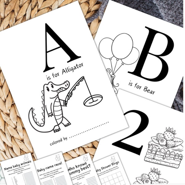 Personaliseer ABC 123 babyshower kleurboek | Dierenalfabet kleurplaten | Babyshowerspellen | 123 leuke kleurplaten| 6 extra spellen