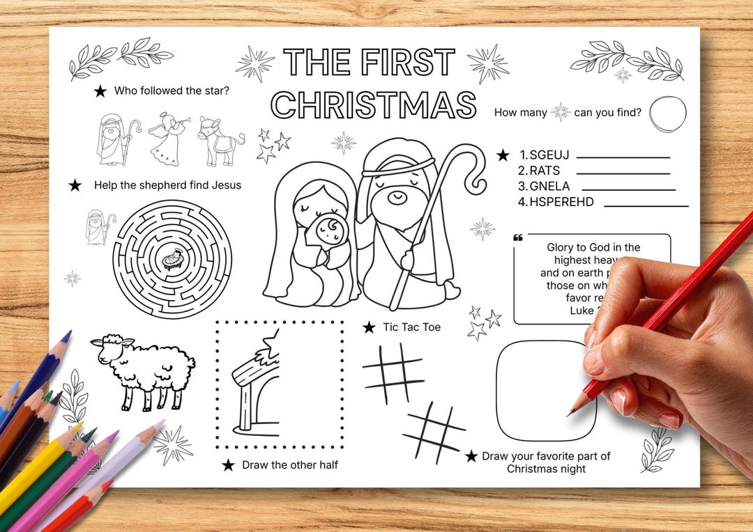 Nativity Activity Placemat for Kids, Christmas Birth of Jesus Coloring ...