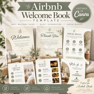 Op de afbeelding: Een bewerkbaar Airbnb welkomstboek-sjabloon met meerdere pagina's met beige achtergronden, saliegroene accenten en botanische illustraties. De pagina's bevatten tekst voor een welkomstbericht, huisregels, incheckdetails en lokale eetgelegenheden.