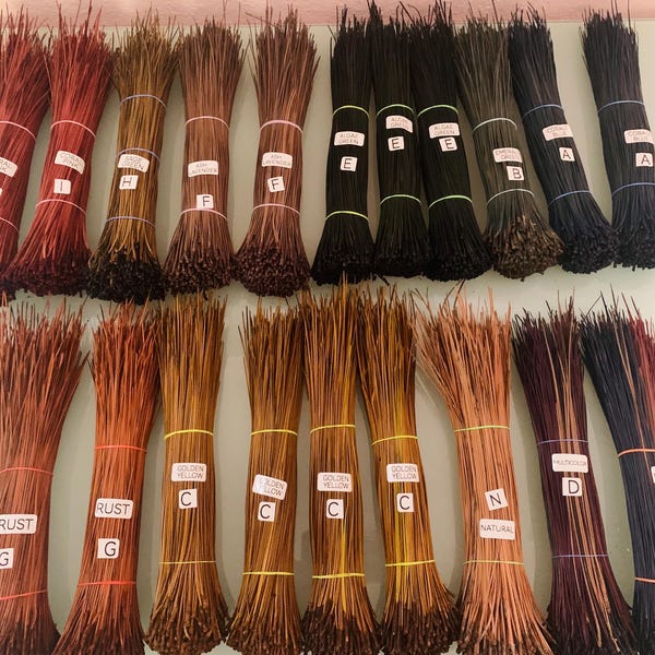 Colored pine needles (4oz) for basketry and crafts.