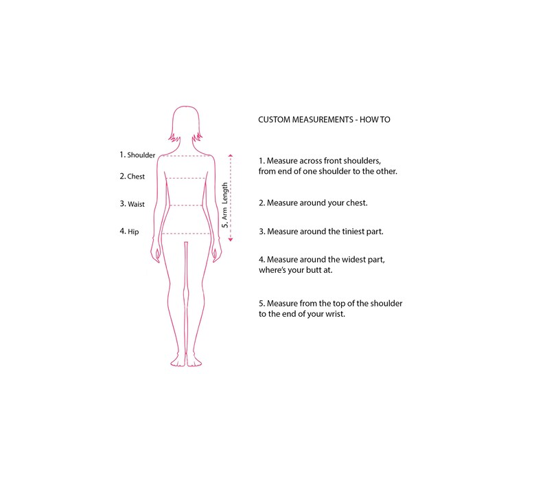 Pu&ograve; includere: Diagramma che mostra come misurare diverse parti del corpo per abiti su misura. Il diagramma mostra una figura femminile con linee che indicano dove misurare la spalla, il petto, la vita, l'anca e la lunghezza del braccio.