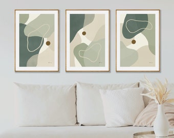 Set of 3 Posters - Organic Shapes - Large Printable Digital Download -  Abstract Modern Wall Decor -Three art prints-  Sage Green Beige Blue