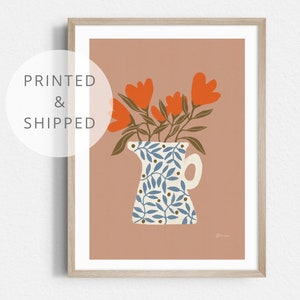 Bunte Blumen in einem Krug Gedrucktes Poster - Handgemachte Malerei - Tuschezeichnung auf Papier - Moderne Wandkunst