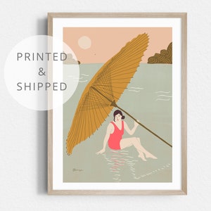 Frau mit Sonnenschirm am Strand -Gedrucktes Poster -Bunte moderne Wandkunst
