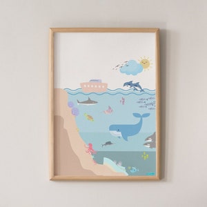 Ocean Animals Pastel art,Decoración de pared de la sala de juegos para niños,Impresiones de dormitorio para niños,Arte de sala de juegos imprimible,Carteles para niños,Arte de pared para niños,Arte de guardería