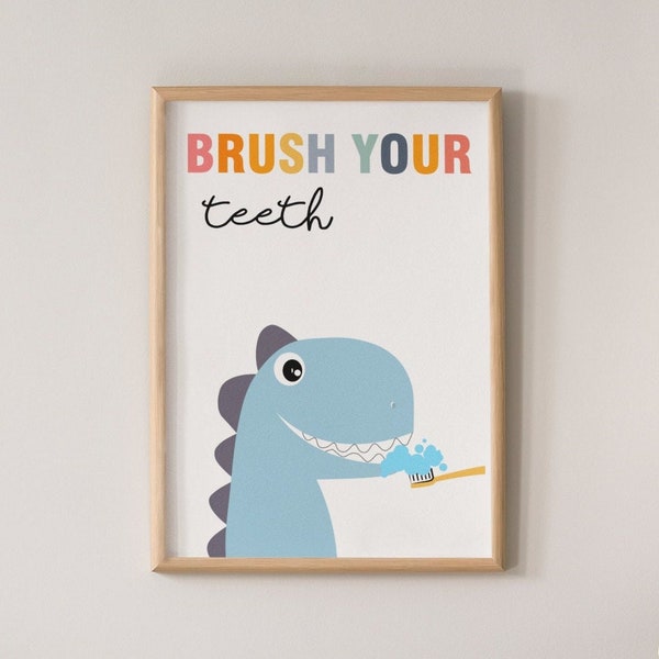 Dinosaur brushing teeth,Bathroom prints for kids,Kids bathroom wall decor, Dinosaur wall art ,Printable bathroom art,Children poster