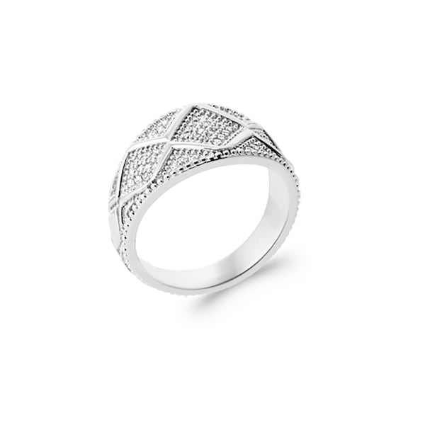 Bague Large en Argent 925/000 Rhodié - Motif Géométrique serti d'Oxydes de Zirconium