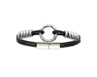 Bracelet pour Homme en Cuir Tressé et Acier Argenté - Anneau Martelé