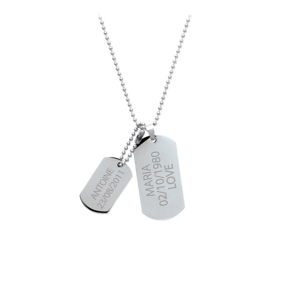 Collier Homme en Acier Dog Tag Plaques Militaires - GRAVURE personnalisée