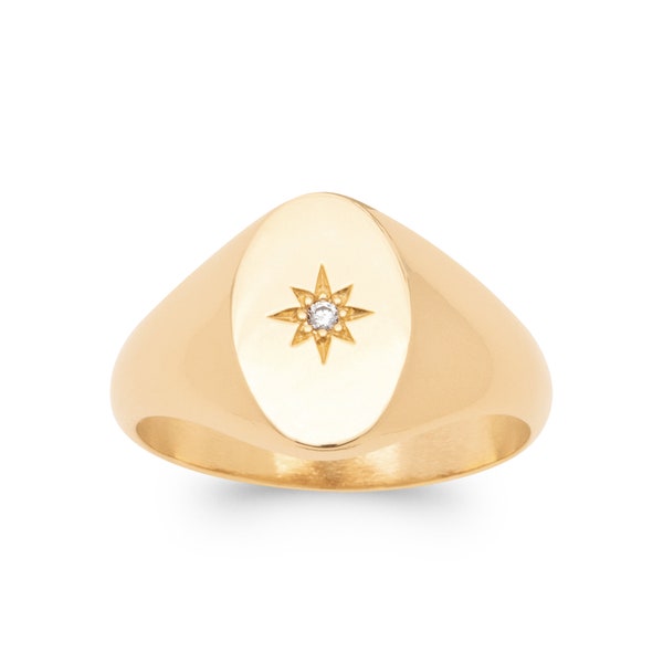 18 carat Gold Plated Ring - Chevaliere Oval Cabochon - Engraved Star - Zirconium
