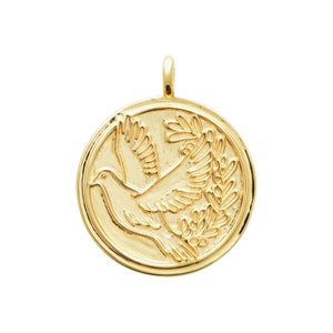 18 carat Gold Plated Pendant - Round Medal with Dove and Olive Branch - Engraving Included on the back