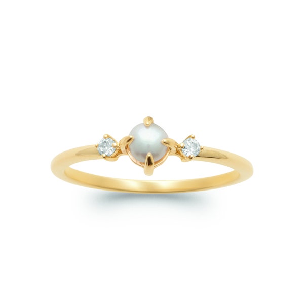 Bague alliance anneau en Plaqué Or 18 carats - Solitaire Perle de Culture sertie et Oxydes de Zirconium