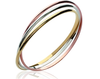 Bangle Bracelet 3 Rings 3 Intertwined Golds - Yellow and Rose Gold Plated, Rhodium-plated 925/000 Silver