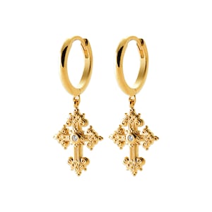 Dangling Creole Earrings in 18-carat Gold Plated - Baroque Cross - Cubic Zirconia