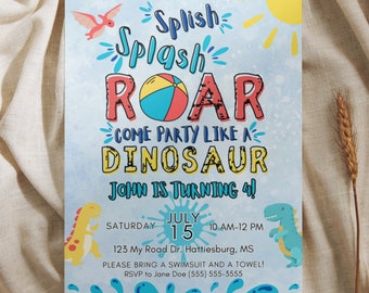 Splish Splash Roar Birthday Party Invitation Template, Digital Invitation, Canva Template, Dinosaur Pool Party, Dinosaur Waterslide