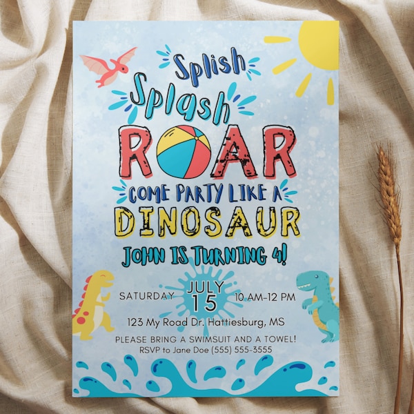 Splish Splash Roar Geburtstagsparty Einladung Vorlage, digitale Einladung, Canva Vorlage, Dinosaurier Pool Party, Dinosaurier Wasserrutsche
