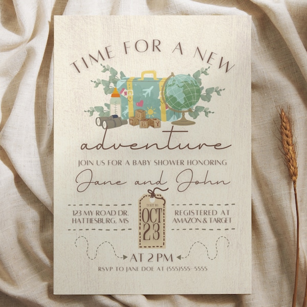 Time for a New Adventure Baby Shower Invitation Canva Template, 5x7 Adventure Themed, Travel Themed, Adventure Baby Shower Invitation