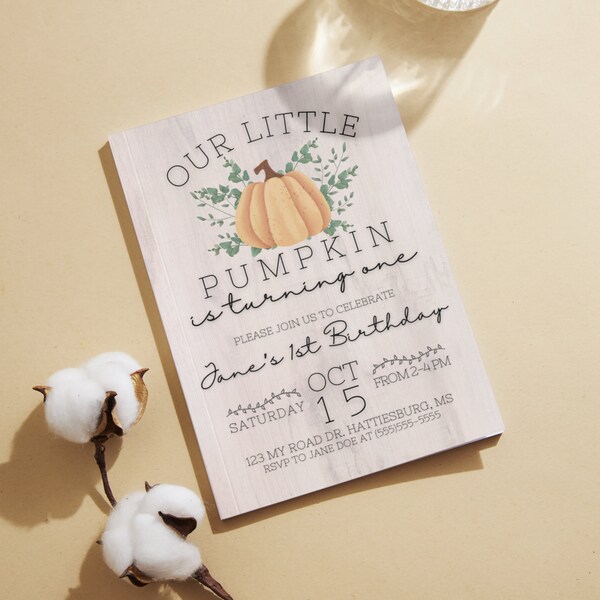 Our Little Pumpkin is Turning One Birthday Invitation Canva Template, 5x7 Fall Themed Birthday Invitation, Pumpkin Themed Birthday