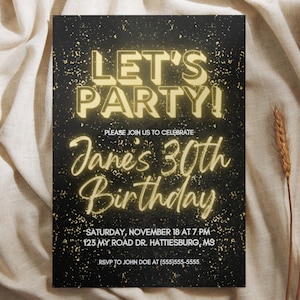 Let's Party Any Occasion 5x7 Szablon zaproszenia, Czarno-złote zaproszenie, Zaproszenie na każdą okazję, Zaproszenie urodzinowe, Przyjęcie emerytalne