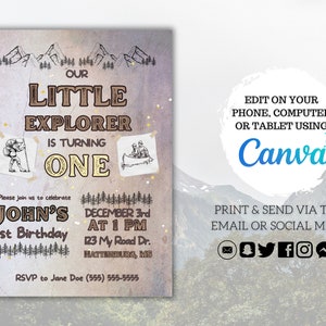 Little Explorer Birthday Invitation Template, 5x7 Birthday Invitation, Birthday Party Invitation, Canva Template, Canva Invitation Template