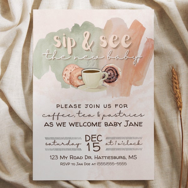 Coffee and Brunch Baby Shower Sip and See 5x7 Invitation Template, Coffee and Pastries, Baby is Brewing, Brunch for Baby, Brunch and Mimosas