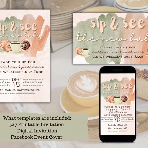 Sip and See The New Baby Coffee & Mimosas Event Bundle, 5x7 Invitation, Digital Invitation, Facebook Event Cover, Canva Invitation Template