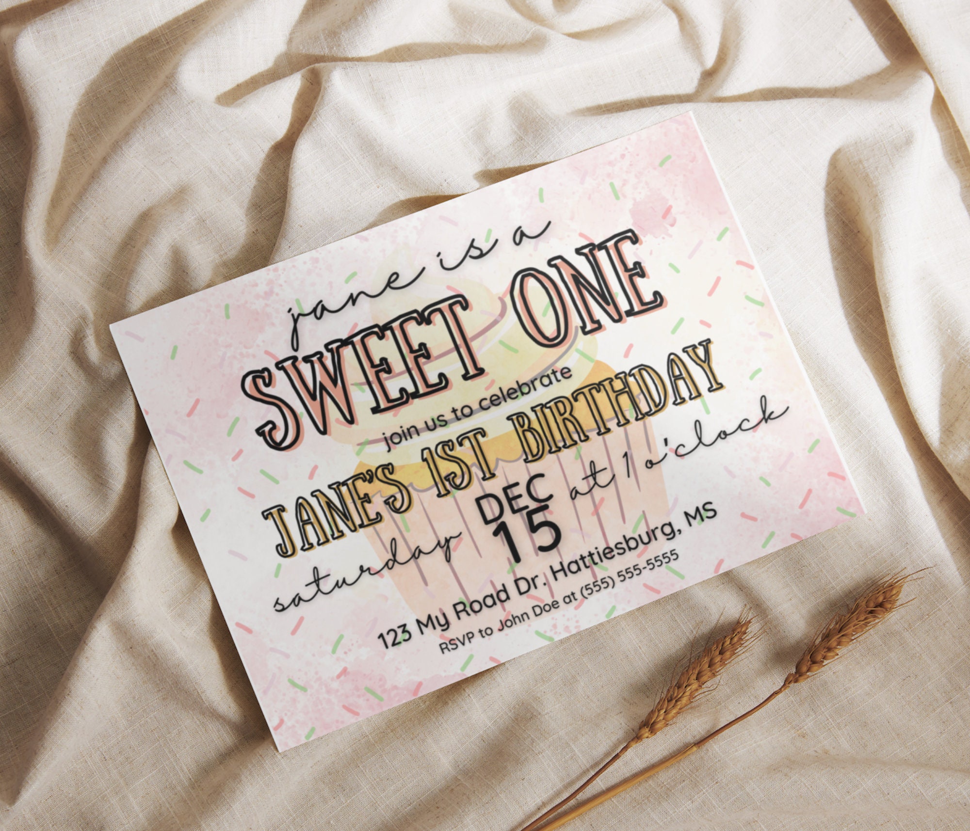 Sweet One First Birthday Invitation Template, 5x7 Invitation, Sweet One Theme, Cupcake theme, donut theme, candy theme, strawberry theme