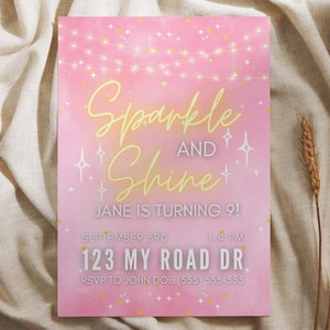 Sparkle and Shine 9th Birthday Invitation Template, 5x7  Pink Birthday Party Invitation, Sparkle and Shine Invitation, Canva Template