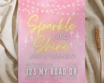 Sparkle and Shine 9th Birthday Invitation Template, 5x7  Pink Birthday Party Invitation, Sparkle and Shine Invitation, Canva Template